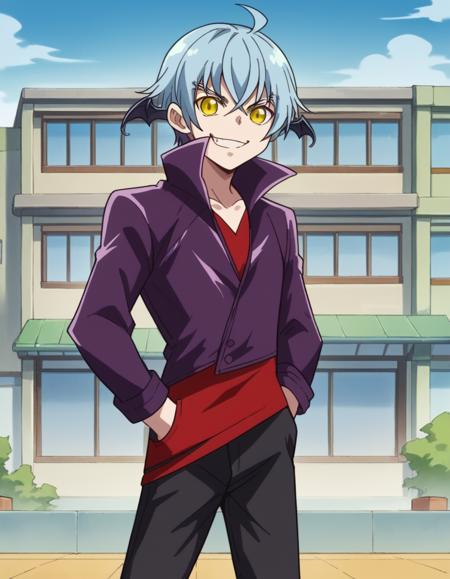 <lora:dokidokiprecure-ira-anime-ponyxl-lora-nochekaiser:1>, ira, blue hair, yellow eyes, ahoge, male focus, wings, bat wings, pants, black pants, belt, shirt, red shirt, jacket, purple jacket, long sleeves, high collar,