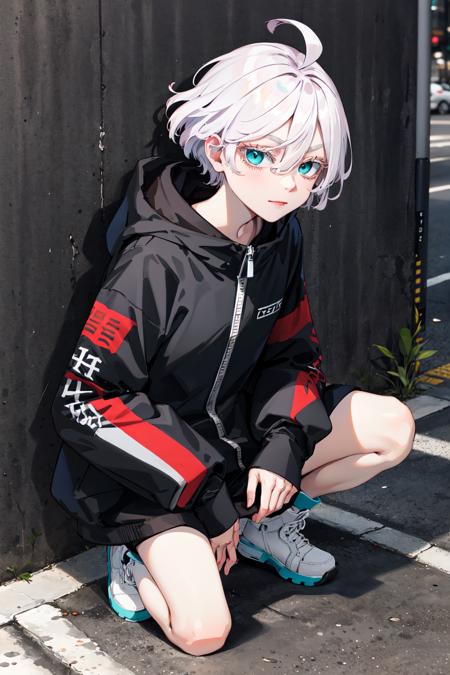 1girl, solo, short hair, white hair, floating hair, ahoge, hair between eyes, colored eyelashes, aqua eyes, high collar, black jacket, hooded jacket, zipper pull tab, long sleeves, sleeves past wrists, bare legs 1girl, solo, short hair, white hair, floating hair, ahoge, hair between eyes, colored eyelashes, aqua eyes, serafuku, sailor collar, red neckerchief, shirt, short sleeves, midriff, pleated skirt, blue skirt 1girl, solo, short hair, white hair, hair bun, hair between eyes, colored eyelashes, aqua eyes, cleavage, sarashi, bandages, black jacket, open clothes, long sleeves, midriff, belt, black pants