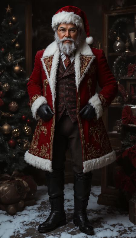 Realistic image reimagines a tall Santa Claus with a fashionable Victorian aesthetic. He dons an elegantly tailored deep red frock coat with intricate gold embroidery, a luxurious fur-lined collar, and polished leather boots. His fancy moustache is carefully groomed, paired with round, vintage spectacles. A velvet waistcoat and pocket watch add a refined touch, while snowy flakes swirl around him, enhancing the nostalgic yet stylish, aristocratic vibe. His confident, dignified pose exudes timeless charm, vantablack