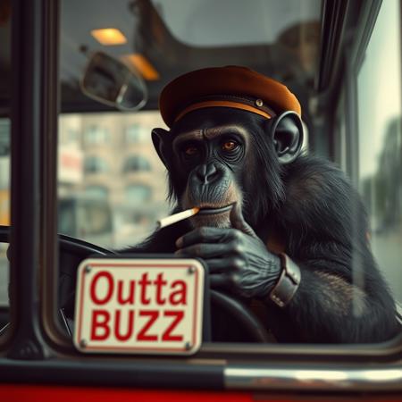 a bus at the street driven by a chimpanzee with a driver's hat and smoking only one cigarette holding it with his lips, the bus has only one sign that reads "Outta Buzz". Sharp focus, realistic, cinema quality, detailed, 8K, by greg rutkowski