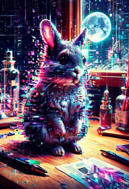 Flickering Worlds, vibrant colors, vivid colors, chinchilla with large eyes made out of glitch style, sitting on a desk next to a bottle of ink, crystals, moonlight drifting in from the open window, dramatic, glitch, Masterpiece, best quality, amazing quality, volumetric lighting, SFW, exquisite detail, digital, digital art, highly detailed, beautiful, surreal,