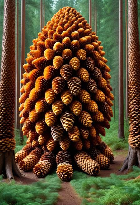 ral-pinecone, A colossal fortress rising above an endless evergreen forest, its walls and towers built from seamless, interwoven pine trunks, their surfaces hardened with layers of amber resin. The gates, formed from two massive halves of a split pinecone, slowly open to reveal an inner sanctum where time itself seems suspended. Towering pine golems stand motionless along the battlements, their bark-armored bodies appearing as part of the structure. Legends say that when the forest is threatened, these silent guardians awaken, their resin veins glowing like molten gold, ready to defend their sacred realm.