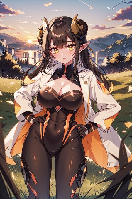 ccrosselle, cleavage cutout, open coat, bodysuit, earrings, jewelry, sheep horns ccrosselle