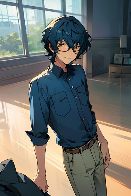 1boy, masterpiece, Tsumugi, solo, looking at viewer, smile, blush, shirt, 1boy, male focus, glasses, collared shirt, belt, pants, blue shirt, black-framed eyewear, pocket, white pants, breast pocket, cowboy shot, indoors, defined face