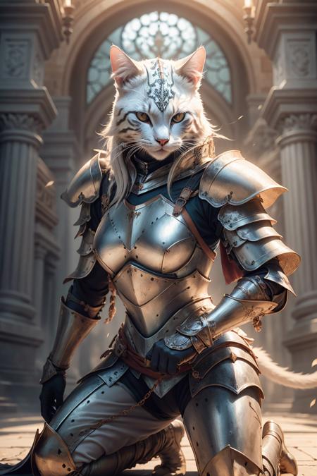 kneeling cat knight, portrait, finely detailed armor, intricate design, silver, silk, cinematic lighting, 4k