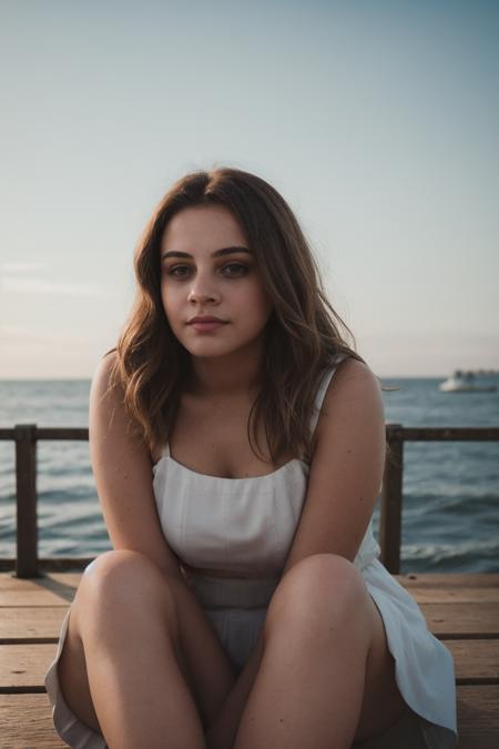 a woman sitting on a pier at a sea epiCPhoto <lora:josephinelangford:1.2>