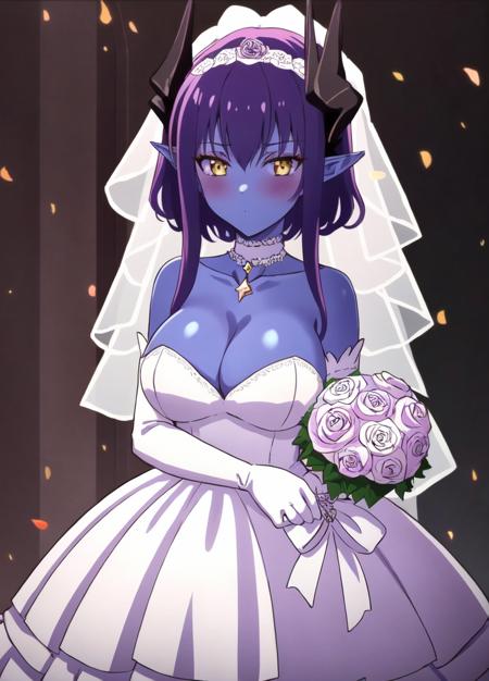 Desastre, 1girl, bare shoulders, black sclera, blue skin, blush, bouquet, breasts, bridal veil, bride, choker, cleavage, colored skin, demon girl, dress, elbow gloves, flower, gloves, holding, holding bouquet, horns, large breasts, long hair, looking at viewer, pointy ears, purple hair, rose, solo, strapless dress, veil, wedding dress, white choker, white dress, white gloves, yellow eyes, <lora:Another_World_for_a_Second_Time-Desastre:0.6>, <lora:Masterpiace:0.8>,