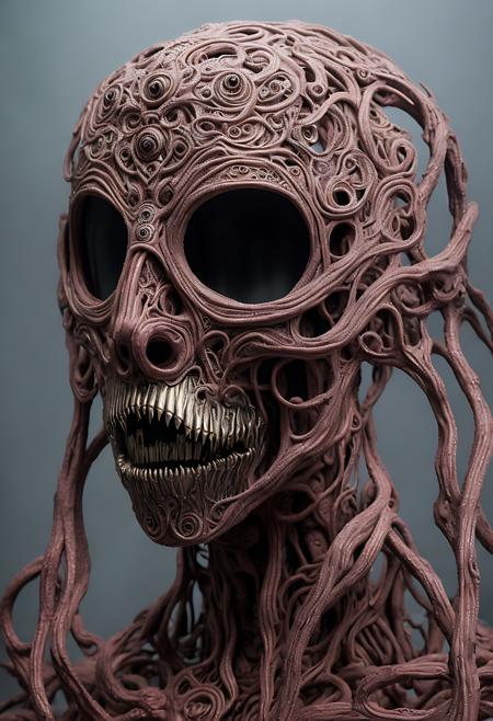 (masterpiece)+, (best quality)+, (intricate detail)+, the nightmare in the fog, abstract, surreal, humanoid, metallic, colourful, blood
