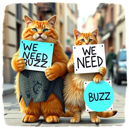 Chubby ginger fat cat in tattered rags with his ginger 1kitten holding signs with text "WE NEED BUZZ", realistic, street in background