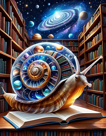 CosmicStyle, see-through, transparent, Realistic illustration of a giant snail carrying a cosmic library on its back through a futuristic cityscape, shelves filled with glowing books and small planets, swirling galaxies embedded in the shell, dynamic lighting, watercolor texture, children's book style, highly imaginative and surreal, watercolor texture, highly imaginative