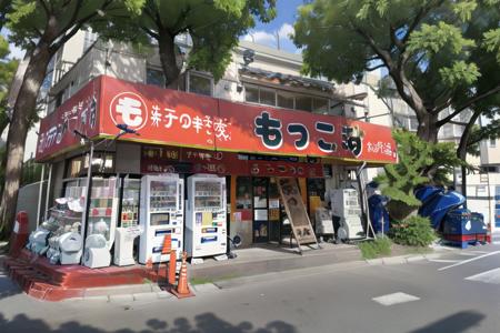 best quality, ultra-detailed, illustration,  
moccos, scenery, storefront, japan, scenery, ground vehicle, tree, outdoors, traffic cone, building, bicycle, vending machine, sky, day, road, plant, sign, utility pole, blue sky, power lines, real world location, street, car, window
 <lora:moccosu_SD15_V1_DIM4:1>