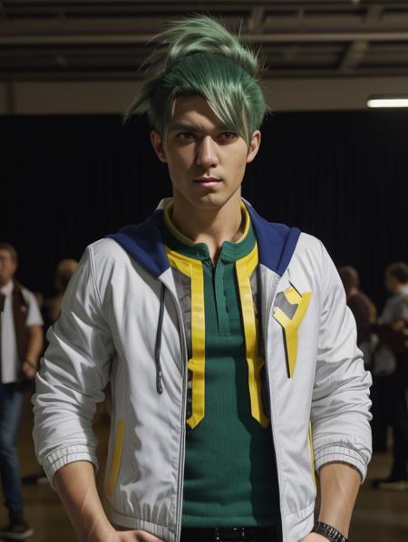 best quality, masterpiece, highres, detailed, realistic,  <lora:Detail - add_detail:0.2>, YuGiLeo, mature male, green hair, white jacket:2, yellow eyes, blue shirt with yellow stripes, ponytail,  <lora:Character - YuGiLeo:0.7>, excited, city, sci-fi, cosplay, cosplay convention,