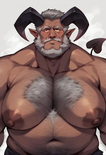Closeup face portrait, score_9, score_8_up, score_7_up, score_6_up, closeup portrait of stern serious male grandpa demon bdsm master dominant (old_man, mature, ugly man, tanned skin, horns, devils tail, gray hair, gigantic fat pecs chest with huge nipples, fat belly, wide hips, doublechin, hairy arms, fat hairy chest, in dark hellscape, (((portrait face closeup)))