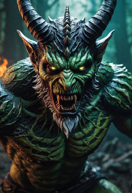 Horror-themed (8k, RAW photo, highest quality), hyperrealistic, hauntingly, [satan | hell:17], dark and haunting scene of a prong horned demon emerging from the mist and shadows, walking, bi pedal, exuding terror, (emerald cats eyes1.6) piercing through the darkness, menacing expression, muted colors, unsettling, dark, spooky, grim, acrid smoke swirling, blowing embers, hdr,(intricate details, hyperdetailed:1.2),cinematic shot, extremely high-resolution details, photographic, realism pushed to extreme, fine texture, incredibly lifelike, horror dungeon, real, 16k, UHD, Heavy Bokeh, Caustic Lighting Effects, RTX BY HGHD 