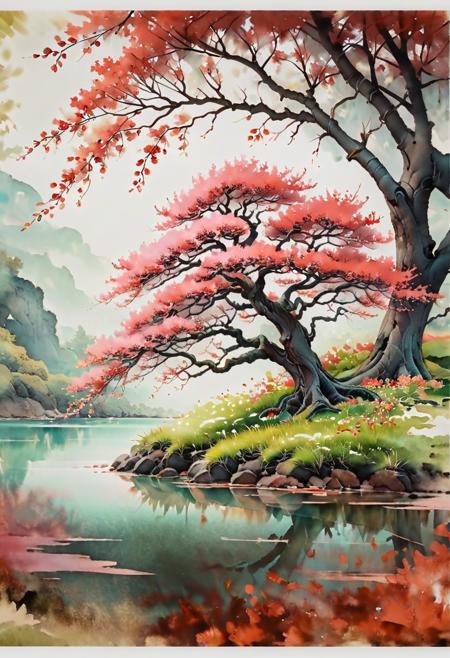 a painting of (Cherry tree in an island), watercolor painting, artstation, concept art, smooth, sharp focus, illustration in the style of artists like Russ Mills, Sakimichan, Wlop, Lois, Art Germ, Darek Zabrocki, and Jean-Baptiste Monge, ultra HD masterpiece, award winning work.  golden line, tangka, projection of immortal, mix, halo