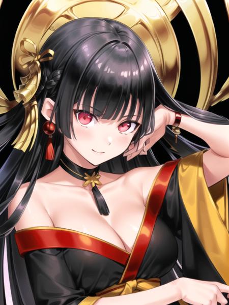 tachibanayama,black hair, long hair,hair ornament, black kimono,