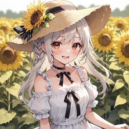 1girl, sunflower, flower, solo, hat, long white hair, braid, dress, smile, open mouth, looking at viewer, holding, white dress, short sleeves, straw hat, collarbone, :d, outdoors, blurry, bangs, bare shoulders, yellow flower, ribbon, petals, upper body, red eyes, blurry background, holding flower, sun hat, off shoulder, puffy short sleeves, brown headwear, ribbon choker, blush, puffy sleeves, choker, hat flower, frills, day, depth of field, off-shoulder dress, white ribbon, single braid"