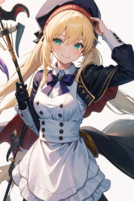 best quality, masterpiece, highres, solo, {maid:1.40}, {long maid dress:1.15}, {altria_caster_fgo:1.15}, blonde_hair, long_hair, green_eyes, bangs, twintails, bow, hat, smile, hair_between_eyes, staff, cape, blush, blue_headwear, buttons, beret, closed_mouth, breasts