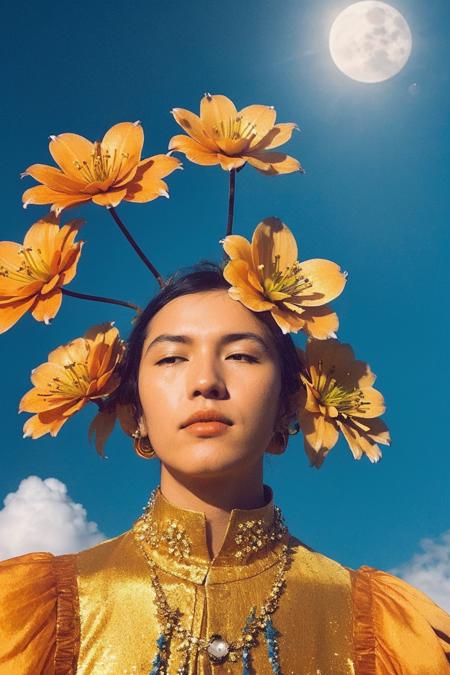 a bunch of orange flowers with a half moon in the background, cloud in the sky, pacific northwest, blue and gold, very high bloom ammount, nuclear cloud, inspired by James Warhola, lily, photo, petra collins