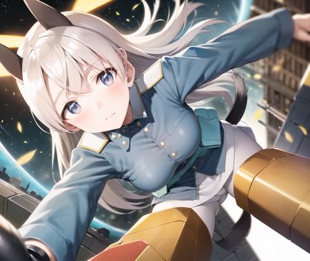 Eila, 1girl, solo, long hair, blue eyes, blonde hair, animal ears, tail, weapon, pantyhose, uniform, gun, military, fox ears, military uniform, fox tail, fox girl, flying, machine gun, magazine (weapon), striker unit <lora:Eila-10:1>