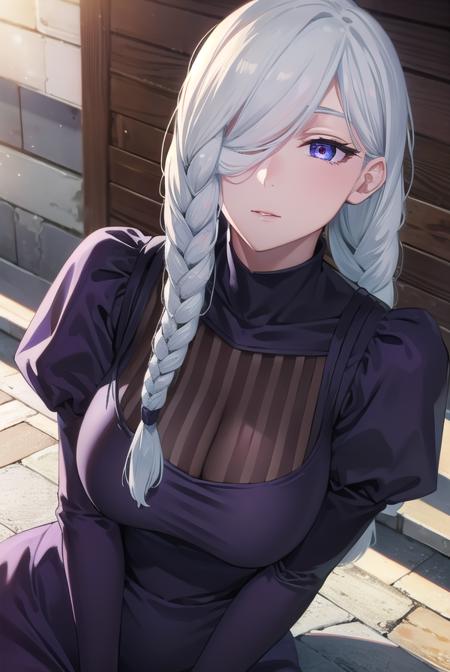 meimei, <lyco:meimei-lyco-nochekaiser:1>,
mei mei, long hair, braid, hair over one eye, braided ponytail, one eye covered, braided bangs, (purple eyes:1.1),
BREAK long sleeves, dress, puffy sleeves, black dress, juliet sleeves, turtleneck dress,
BREAK looking at viewer, upper body, full body,
BREAK outdoors, shrine,
BREAK <lyco:GoodHands-beta2:1>, (masterpiece:1.2), best quality, high resolution, unity 8k wallpaper, (illustration:0.8), (beautiful detailed eyes:1.6), extremely detailed face, perfect lighting, extremely detailed CG, (perfect hands, perfect anatomy),