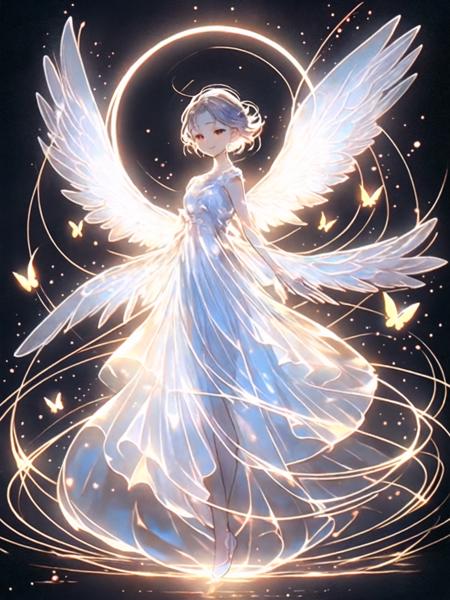 <lora:memghuanzhijing-000010:0.8>,guchen,dreamy,1girl,Angel,wings,dress,butterfly,circle of light,smile,short hair,circle of light above head,standing,