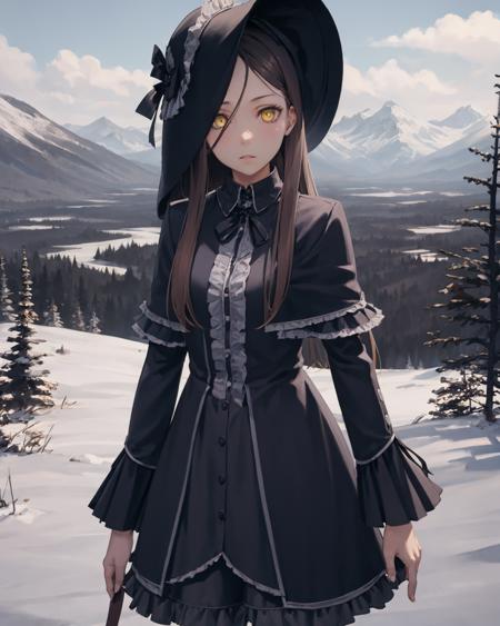 best quality, (masterpiece:1.2), illustration, absurdres,
(1girl, solo), (beautiful detailed girl),
<lora:Beryl-07:0.8>, Beryl, yellow_eyes,small breasts, long hair, black hair,
 frills, long black dress, long gothic dress, black boots, hat, headwear, 
 creepy, scary, weird, yandere,
overlooking distant snowy mountains, distant river, pine forest,,
on back,
cowboy shot,,
looking at viewer