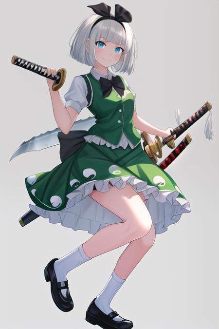 masterpiece, best quality, highres, solo, {konpaku_youmu_touhou:1.10}, short_hair, ribbon, hairband, black_hairband, hair_ribbon, white_hair, black_ribbon, bangs, sword, katana, vest, blue_eyes, green_vest, hitodama, bow, sheath, grey_hair, 1girl, black_footwear, bob_cut, bowtie, collared_shirt, green_skirt, puffy_short_sleeves, puffy_sleeves, shirt, shoes, short_sleeves, skirt, socks, weapon, white_shirt, white_socks, black_bow, flower, frilled_skirt, frills, full_body, holding, holding_sword, holding_weapon, looking_at_viewer, mary_janes, simple_background, skirt_set, smile, black_bowtie, closed_mouth, hitodama_print, scabbard, white_background