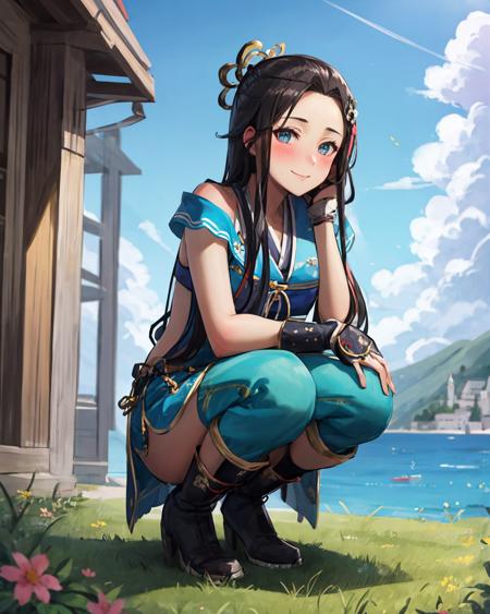 best quality, (masterpiece:1.2), illustration, absurdres,
(1girl, solo), (beautiful detailed girl),
<lora:LadyHayakawa:0.95>, Lady Hayakawa, black hair, long hair,  blue eyes, small breasts, hair ornament,
aqua dress, grey boots,
garden, distant sea, distant ocean, mediterranean buildings, white buildings, castle on top of hill,
looking at viewer, gentle smile, blush,
(squatting:1.2), from below