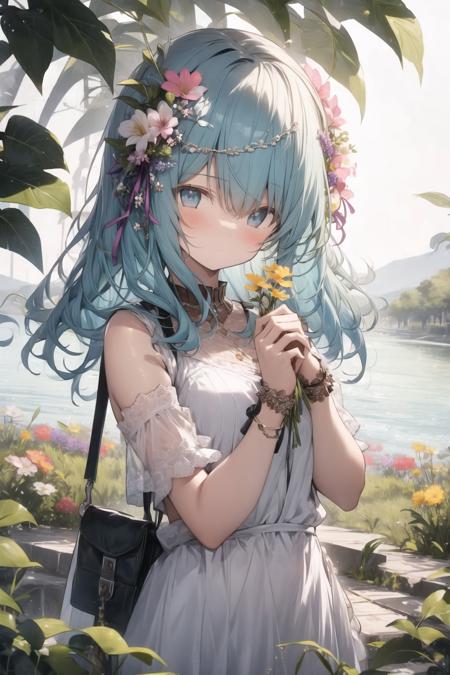 <lora:Niji-000005:1> iom, 1girl, solo, flower, blue hair