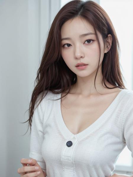 good hand,4k, high-res, minju, masterpiece, best quality, head:1.3, (Korean K-pop idol), finely detailed skin, sharp focus, (cinematic lighting), collarbone, morning, soft lighting, dynamic angle, [:(detailed face:1.2):0.2], white clothes, slim body <lora:mjftw:0.7>