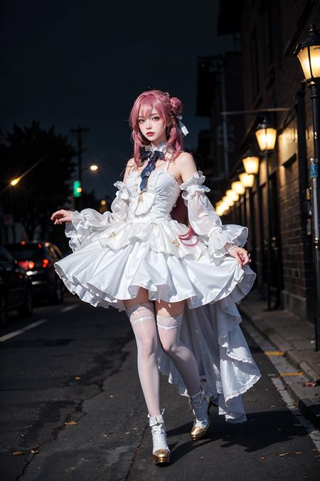 best quality, masterpiece, realistic, photorealistic, 1girl, solo, looking at viewer, full body, dorothy costplay costume, cosplay, hair bun, white dress, detached sleeves, white thighhighs, high heel boots, detailed background, in street, night, <lora:nikke_dorothy_cosplay_costume_v1:0.65>