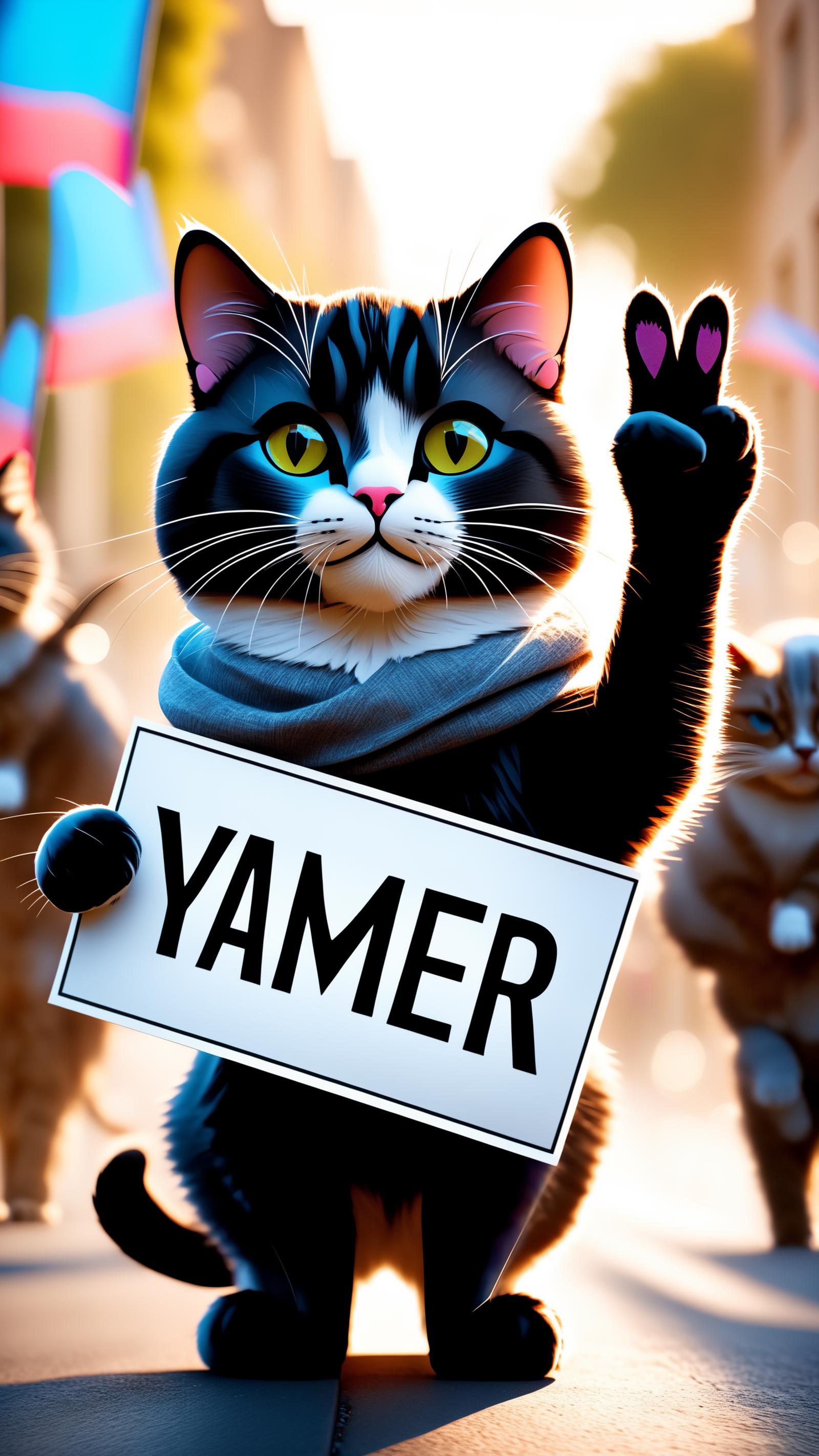 A sign with the word Yammer on it, with a cat standing next to it.