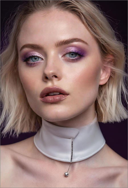 A professional (fashion photo photography:1.2),a  (studio portrait:1.2),showing (surrealistic style:1.1),(black purple gradient background:1.2),(exaggerated character movements:1.5),against glass,(masterpiece, best quality:1.4), perfect body,  long hair, brown hair, brown eyes, parted lips, , detailed skin,model photoshoot, long bob-cut hair, shiny oiled skin, pale skin,  pale white skin, shiny oiled skin, pale skin, realistic eye and face details), hyperrealism, very slim,  bright face, blue eyes, choker, make-up photography by (Ethel Warwick:1.3), modelshoot, pose, , (Ethel Warwick: 1,2) award winning photo macro shot  dramatic lighting,philosophical dimensions,NIKON Z9,35mm,f/1.2,RAW format,stark composition.,(muted tones:1.2),award winning photo,(dream-like quality:1.2),