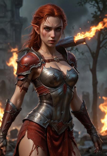 High resolution ultra-realistic of Beautiful Warrior Elf girl, 8k, capturing the intensity of the moment, cinematic lighting, standing on a bloody and stormy battlefield in bloody battle, wavy red hair, realistic dirty pale face, realistic dark brown eyes,  beautiful hourglass figure, burning in a medieval Town, intricately designed iron and silver armor, red mini skirt, LOTR Aesthetic, perfect athletic figure, beautiful Warrior elf girl, fire, ultra realistic, cinematic style, vigorous and seductive, athletic figure, dark fantasy, dramatic lighting, wet and sweaty skin, dirty skin, athletic figure, dark fantasy, dramatic lighting, Greg Rutkowski style,, Warrior Elf girl on in iron armor, hyper-detailed, hyper-realistic, bright colours, Attractive 21 old years girl, Attractive, beautiful firm Breasts, sharp focus, digital painting, Photograph Taken on Nikon D750, Alphonse Mucha, 8K, athletic figure, Hyperdetailed, hyperrealism, Attractive, Attractive bust girl, asymmetric balance
