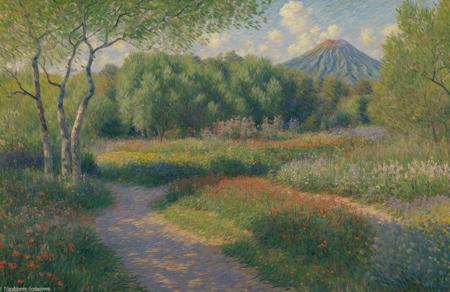 (impressionism:1.1), scenery,a painting,scene painting, arboretum ,patch ,plot ,thicket ,farm , Volcanic ,