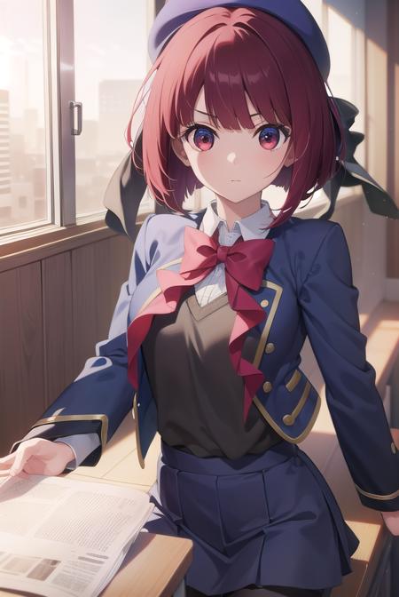 kanaarima, <lora:kanaarima-lora-nochekaiser:1>,
kana arima, bob cut, (red eyes:1.5), red hair, short hair,
BREAK beret, blue headwear, blue jacket, blue vest, hat, jacket, pantyhose, ribbon, school uniform, skirt, vest, youtou high school uniform,
BREAK looking at viewer,
BREAK indoors, classroom,
BREAK <lyco:GoodHands-beta2:1>, (masterpiece:1.2), best quality, high resolution, unity 8k wallpaper, (illustration:0.8), (beautiful detailed eyes:1.6), extremely detailed face, perfect lighting, extremely detailed CG, (perfect hands, perfect anatomy),