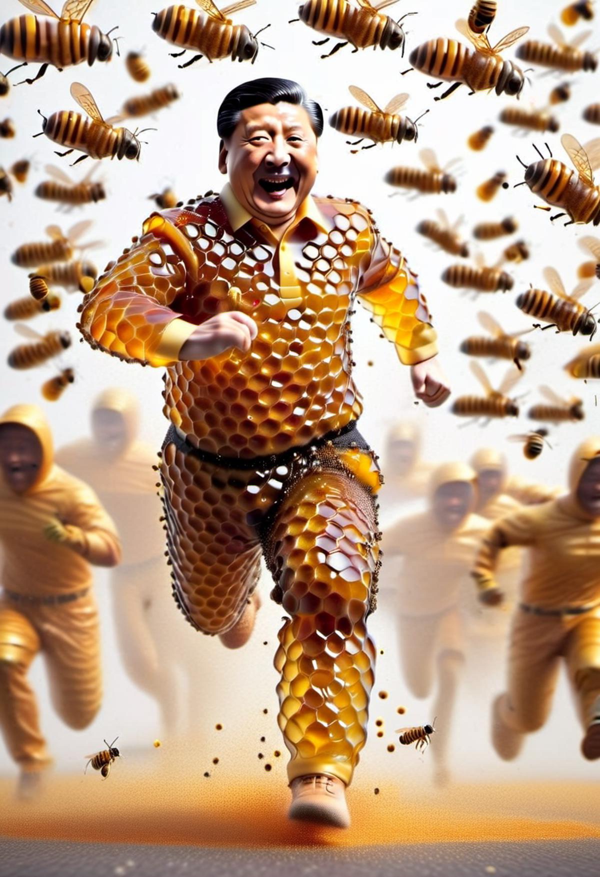 Action shot of Xi Jinping made of dvr-honey, carrying teddy bear made of dvr-honey, running away from bees.  <lora:HoneySt...
