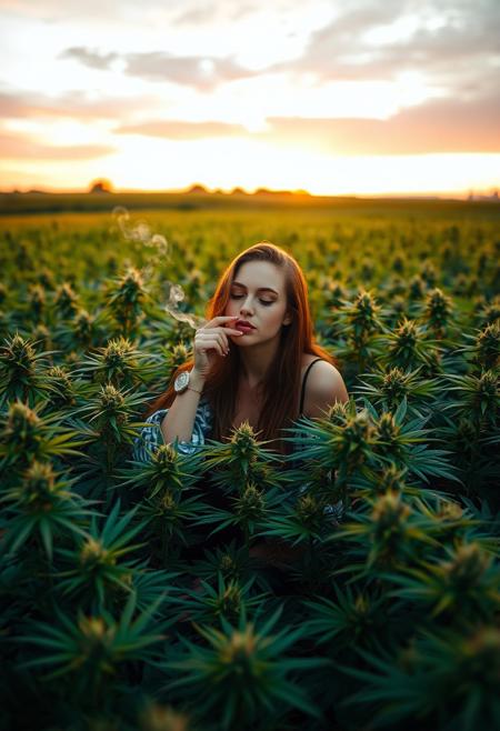 vibrant cannabis field, (lush green leaves:1.4), (sunset glow:1.2) casting warm light over the plants, (detailed textures:1.5), woman sitting casually among the plants, (smoking a joint:1.3), peaceful and serene atmosphere, (natural light:1.4), wide field stretching into the distance, (colorful sky:1.2) with shades of pink and orange, (high-definition:1.6), (ultra-realistic textures:1.5), close-up details of cannabis plants, (relaxed expression:1.3), modern, laid-back aesthetic, perfect for a cannabis culture feature, chill and relaxed vibe, (overexposed:-1.4), (unnatural colors:-1.5), (blurry:-1.6), (low-resolution:-1.7), (harsh lighting:-1.5), (distorted textures:-1.6)