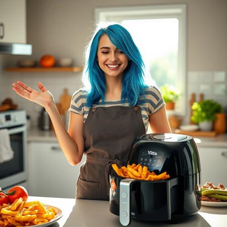 epic cinematic photography of a 23 young woman with a Long shaggy style vibrant blue hair stands in a bright, modern kitchen, enthusiastically showcasing a sleek air fryer. She’s wearing a stylish apron, and the countertop is filled with colorful vegetables and healthy snacks. With a warm smile, she explains the benefits of cooking with an air fryer, demonstrating how easy it is to prepare crispy fries and roasted veggies. The sunlight streams in through the window, highlighting her energetic personality as she invites viewers to join her on a journey to healthier cooking,on the handle of the air fryer it has the company branding that says (Vitta)"
