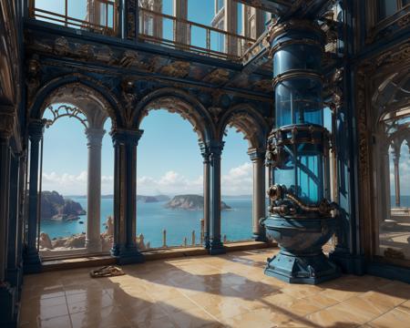 <lora:PlastTech-20:0.5>, plasttech, (extreme close up photo:0.8), (balcony, floor to ceiling window, large paned windows, tile floor, victorian era, ornate regal decorations, vintage:1.3), (craggy rock cliffs:1.1), scenic overlook, steampunk, small metal domes, desolate wasteland, rocks,  over the water, crystal clear lake, calm blue water,  valves, cogs, metal catwalk,  plastic, metal pipes, transparent, scifi,  synthetic, highly detailed, intricate, surreal, atmospheric, cinematic , stylized, contrast, comic, whimsical, magical, bokeh, masterpiece, photorealistic, 8k,
