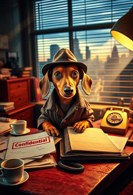 A dachshund private eye, dressed in a miniature fedora and worn leather trench coat, peers through the haze of a dimly lit office, one paw resting on a folder marked "Confidential" in bold, red stamp lettering, surrounded by scattered papers, old coffee cups, and a vintage rotary phone on a cluttered, wooden desk. The dachshund's big, brown eyes are narrowed in concentration, its short, smooth fur a warm, chestnut brown, with a few wisps of fur framing its curious face. The room is cast in a warm, golden glow, with shafts of light filtering through the Venetian blinds, casting long shadows across the worn, crimson carpet. In the background, a cityscape at dusk is visible through the window, with towering skyscrapers and bustling streets, adding to the sense of gritty, film noir-inspired mystery.