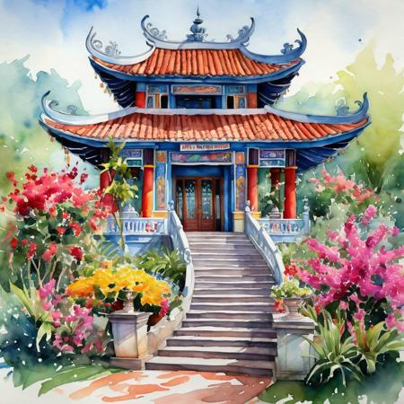 Watercolor Vietnamese pavilion in Quang Ninh covered with vibrant flowers, , Watercolor, trending on artstation, sharp focus, studio photo, intricate details, highly detailed, by greg rutkowski