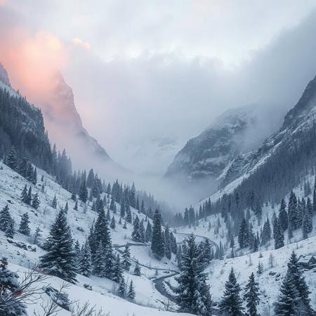 8k, source_photo, source_real, traditional media, real life photo, mountain valley, snow and ice, scattered pine trees, dungeons and dragons, medieval, early morning mist, sunrise,