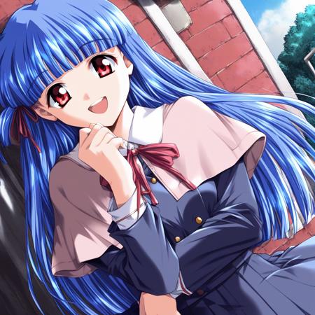 ShinonomeMizuki, blue hair, long hair, red eyes, bangs, breasts,