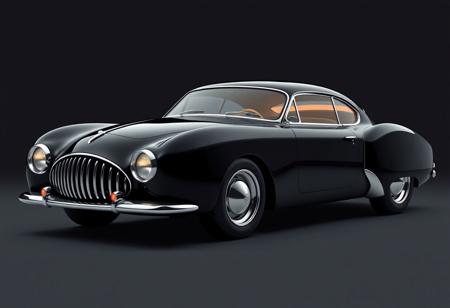 retro-futuristic 4-door coupe, sleek black body, streamlined design with subtle curves, reduced bubble effect, large rounded headlights with integrated LED rings, bold fenders, refined chrome grille with vertical slats, aerodynamic roofline, low and wide stance, deep glossy black finish, sculpted rear with modern rounded taillights, jet-age-inspired design, paper cut-out style, Monty Python transitions aesthetic, hand-cut textures, quirky and surreal, humorous yet elegant, flat vintage color palette, playful yet sophisticated, stop-motion effect, vintage animation charm, timeless design combined with whimsical paper art style, iconic visual comedy, surreal elegance, (excessive realism:-1.6), (modern digital look:-1.5), (glossy appearance:-1.4), (supercar elements:-1.6)