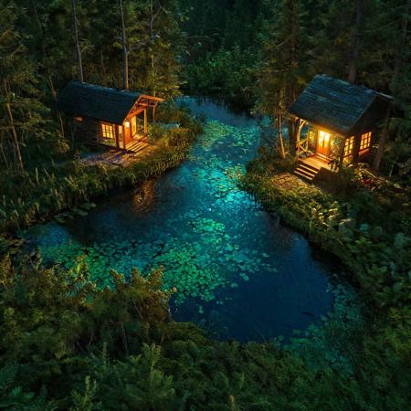 breathtaking cinematic photo isometric style, close-up, tilemapstyle,  scenery, Night, forest, swamp, fireflies, witch's hut in the thicket, multicolored night lighting (blue, green, orange colors of lighting of separate places on the ground), tilemapstyle, tile, scenery,  vibrant, beautiful, crisp, 