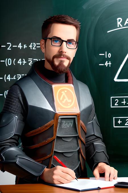 RAW photo, gordon_freeman teaching math, writing on blackboard, best quality, high quality,  <lora:GordonFreeman:1>