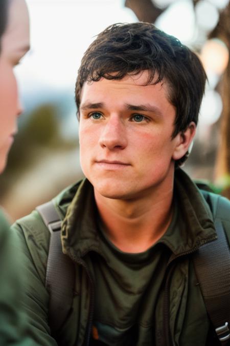 a man, 24 years old, 26 years old, in an adventure film, candid shot, amateur, upper body up, perfect face, clear eyes, raw, 8k, uhd, cinematic lighting, a dark night, <lora:joshHutcherson:1>, [talking to someone]