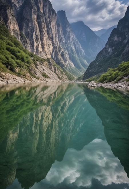 mirror reflection.
majestic scene of the dragon river, china, huge sharp edge mountains, clouds, neat image.